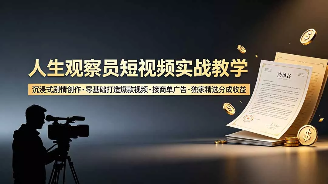 人生观察员短视频实战教学，沉浸式剧情创作，零基础打造爆款视频，接商单广告，独家精选分成收益 - 付费阅读