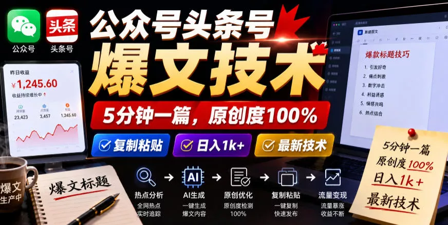 公众号头条号爆文技术，5分钟一篇，原创度100%，复制粘贴，日入1k+，最新技术【揭秘】 - 付费阅读