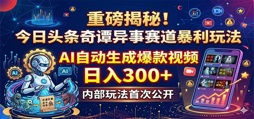 重磅揭秘！今日头条奇谭异事赛道暴利玩法：AI自动生成爆款视频，日入300+ - 付费阅读