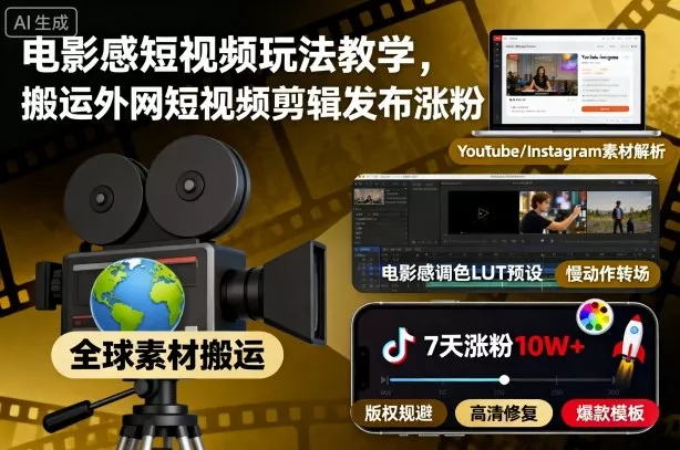 电影感短视频玩法教学，搬运外网短视频剪辑发布涨粉 - 付费阅读
