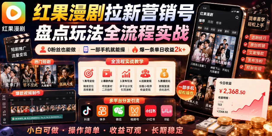 红果漫剧拉新营销号盘点玩法全流程实战，0粉丝也能做，一部手机就能做，爆一条单日收益2k+ - 付费阅读