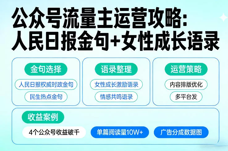 利用人民日报金句+女性成长语录做公众号流量主，4个公众号收益破千 - 付费阅读