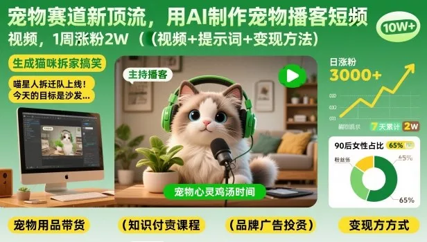 宠物赛道新顶流，用AI制作宠物播客短视频，1周涨粉2W(视频+提示词+变现方法) - 付费阅读