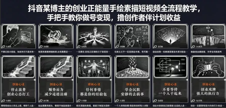 抖音某博主的创业正能量手绘素描短视频全流程教学，手把手教你做号变现，撸创作者伙伴计划收益 - 付费阅读