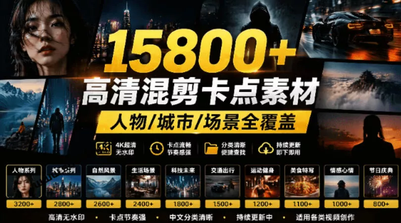 【影视剪辑素材合集】15800+高清混剪卡点｜热门影视精彩片段｜人物/城市/场景全覆盖，中文分类清晰 - 付费阅读