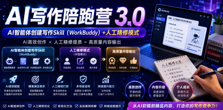 AI写作陪跑营3.0，Ai智能体创建写作skill(workbuddy)+人工手写模式(手搓模式)，去除AI痕迹(头条号、公众号、百家号) - 付费阅读