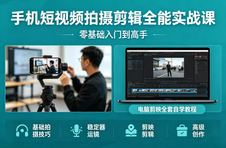 手机短视频拍摄剪辑全能实战课：零基础入门到高手，稳定器运镜+电脑剪映全套自学教程 - 付费阅读