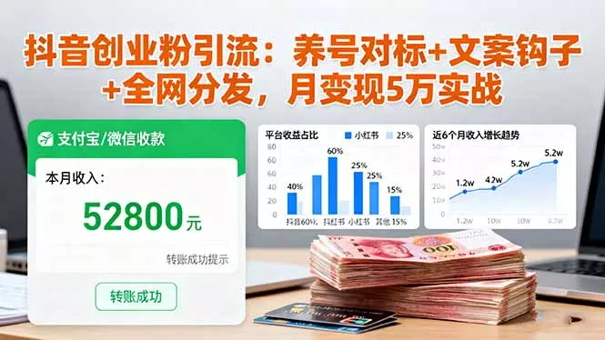 抖音创业粉引流：养号对标+文案钩子+全网分发，月变现5万实战 - 付费阅读