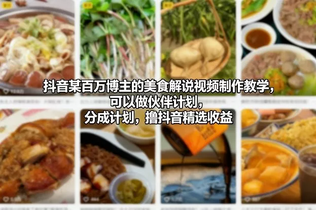 抖音某百万博主的美食解说视频制作教学，可以做伙伴计划，分成计划，撸抖音精选收益 - 付费阅读