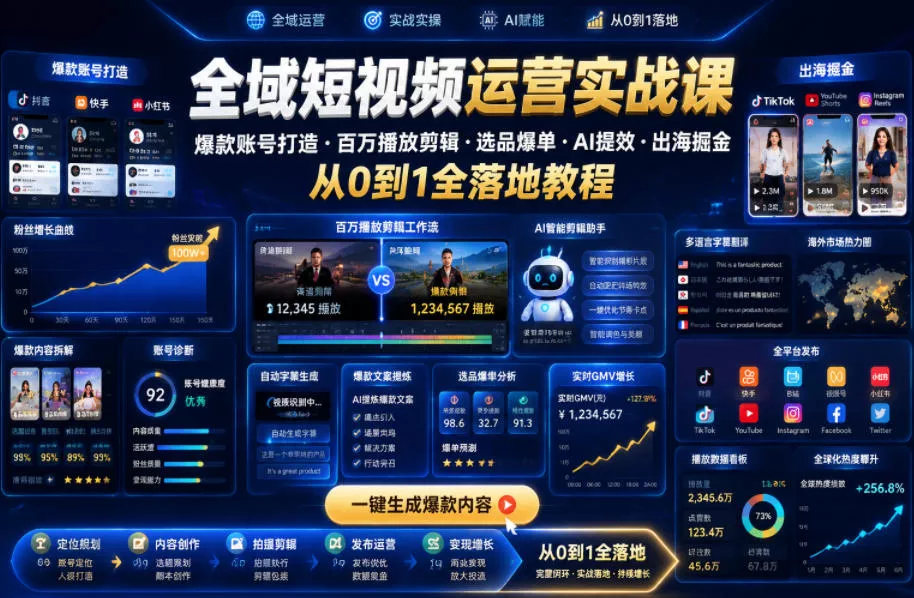 全域短视频运营实战课，爆款账号打造・百万播放剪辑・选品爆单・AI提效・出海掘金，从0到1全落地教程 - 付费阅读