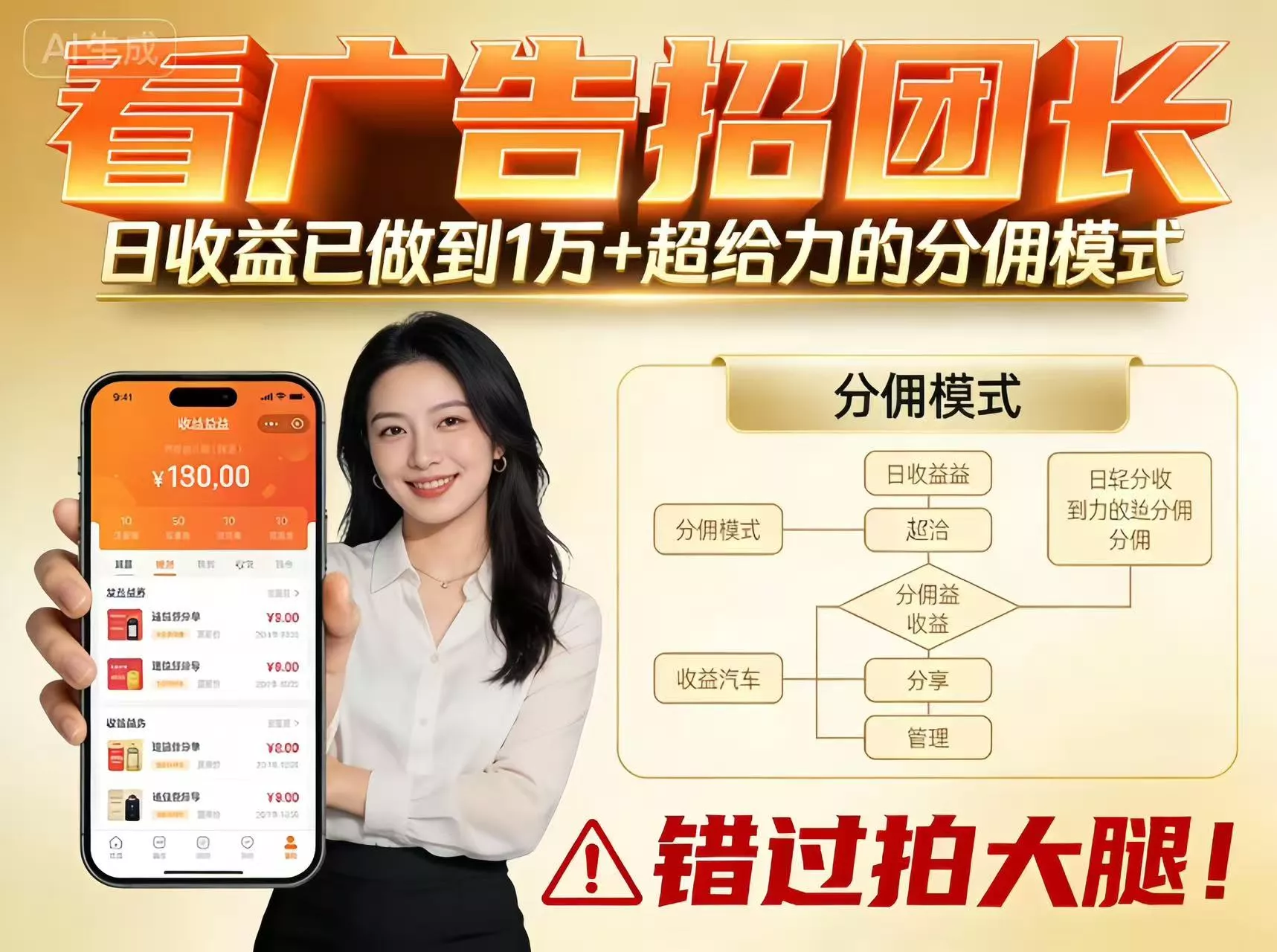 看广告招团长，团队收益已做到日入1万，分佣模式超给力，错过拍大腿 - 付费阅读