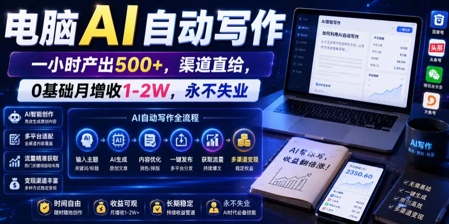电脑AI自动写作，一小时产出500+，渠道直给，0基础月增收1-2W，永不失业【揭秘】 - 付费阅读