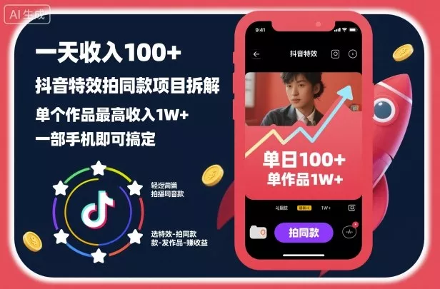 一天收入100+，抖音特效拍同款项目拆解，单个作品最高收入1W+，一部手机即可搞定 - 付费阅读