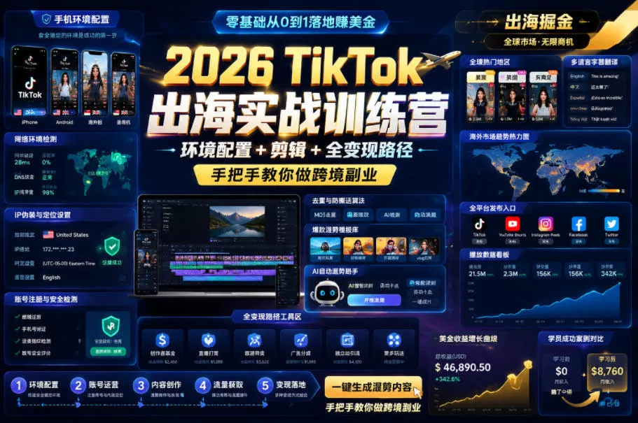 2026 TikTok出海实战训练营，环境配置 + 剪辑 + 全变现路径，手把手教你做跨境副业 - 付费阅读