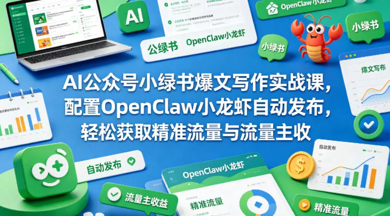 AI公众号小绿书爆文写作实战课，配置OpenClaw小龙虾自动发布，轻松获取精准流量与流量主收益 - 付费阅读